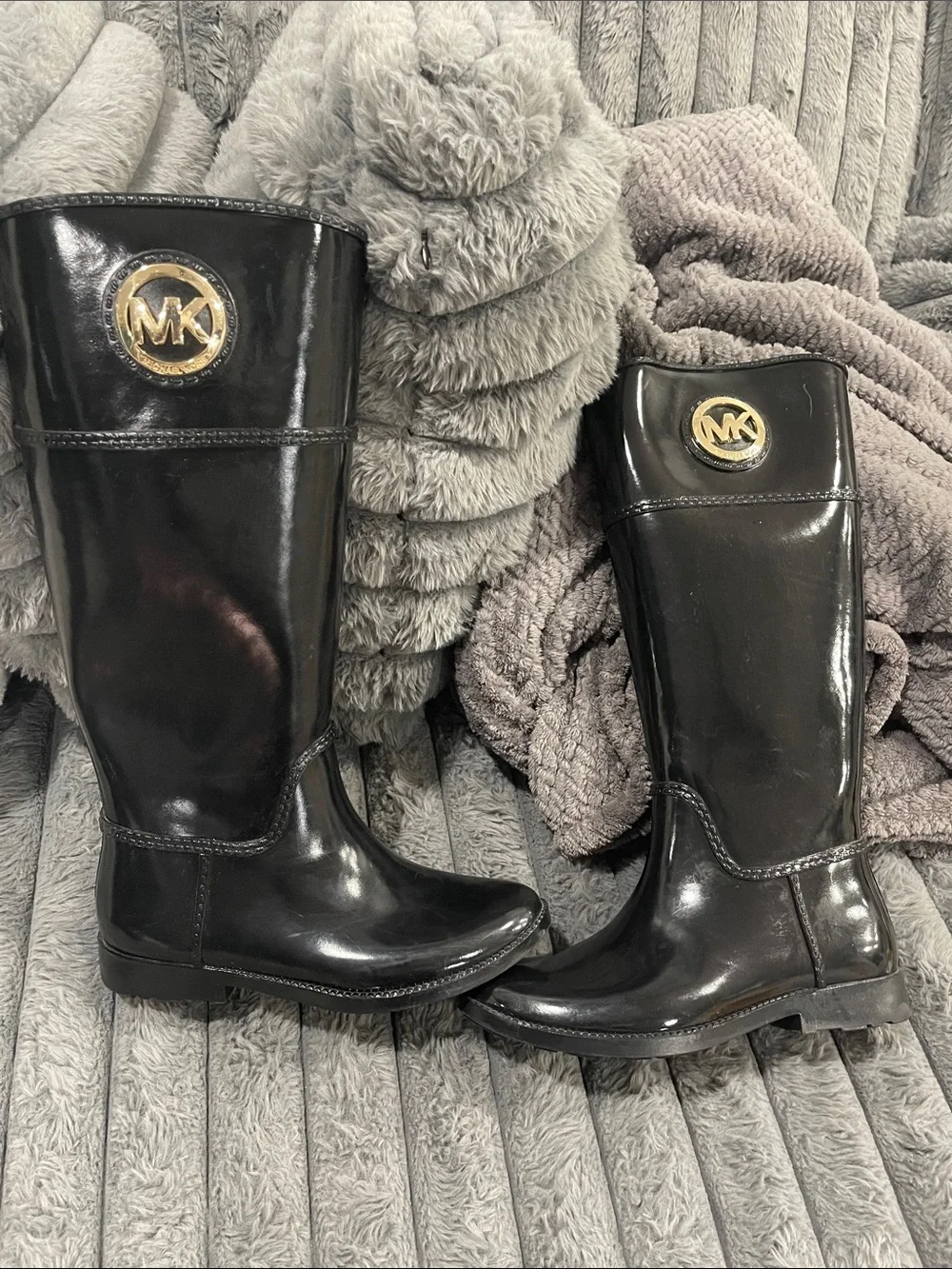 Michael Kors Black Patent Rain Boots with Gold Logo